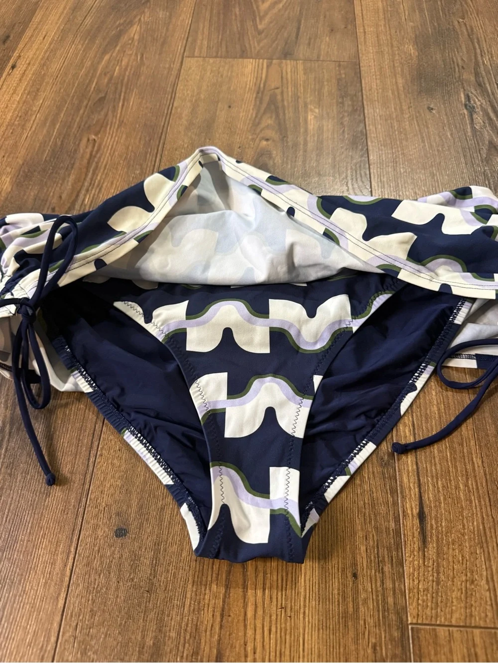Tory Burch Women’s Ruched Side Tie Swim Bottoms Blue Print Size Large L/G
